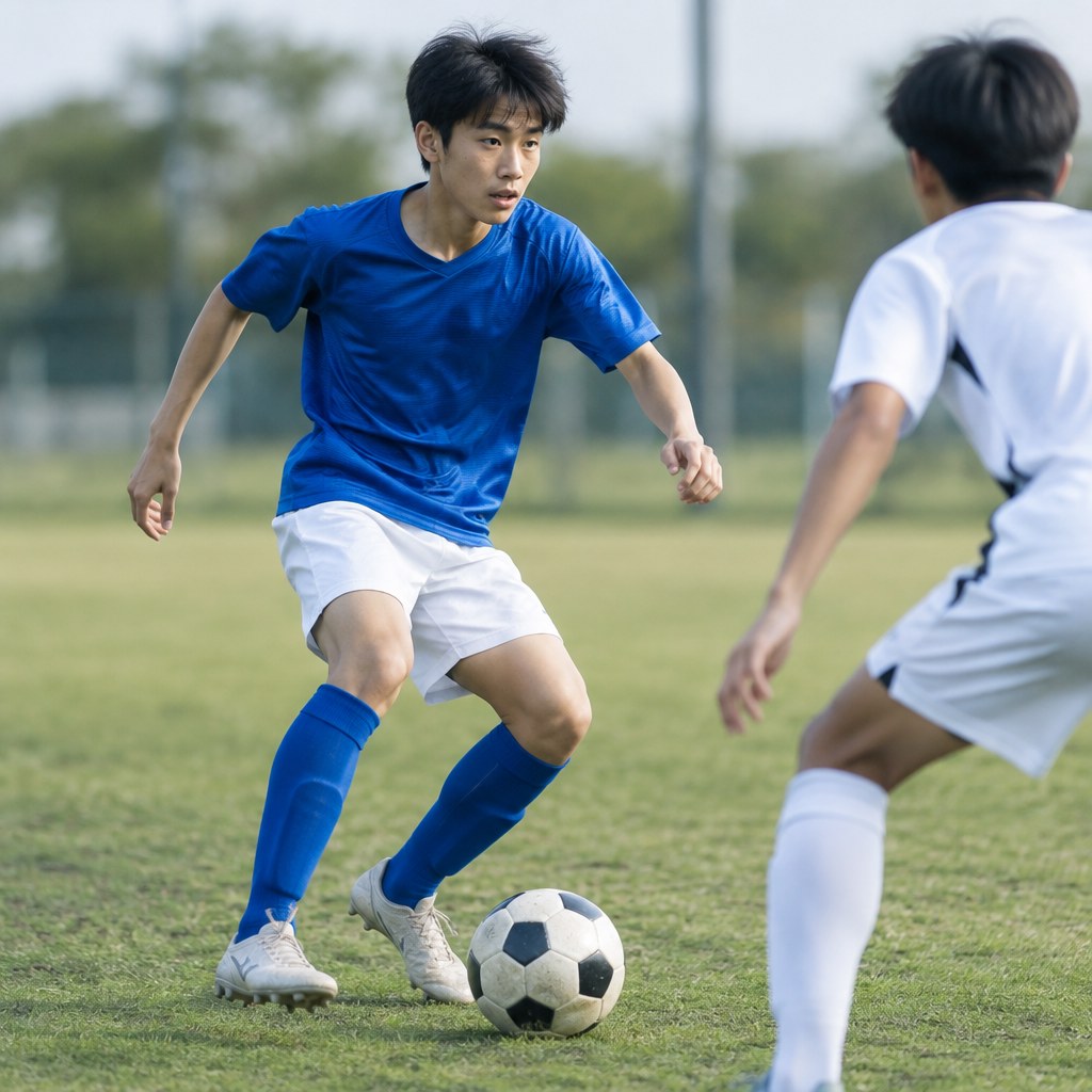サッカーの半身を作る前に周囲を確認する高校生選手