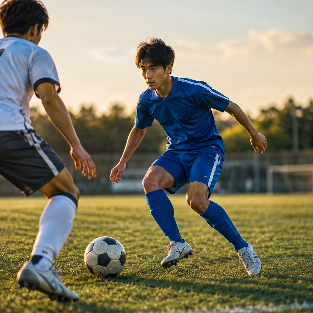 サッカーの駆け引きで相手の反応を見て次のプレーを選ぶイメージ