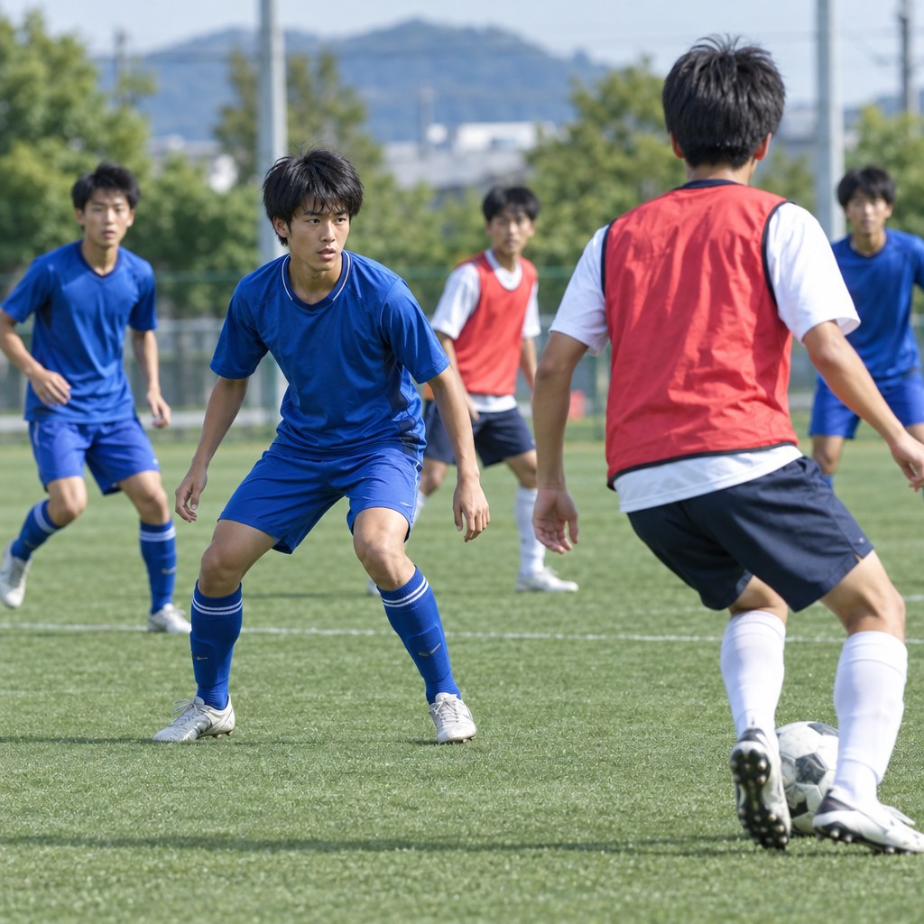 サッカーの予測に向けて相手の身体の向きを確認する選手