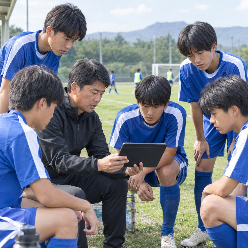 サッカーの試合分析:試合映像を振り返る高校生の選手とコーチ