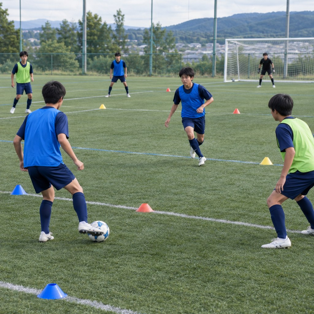 サッカーのライン間への動き直しをゲームで練習する選手