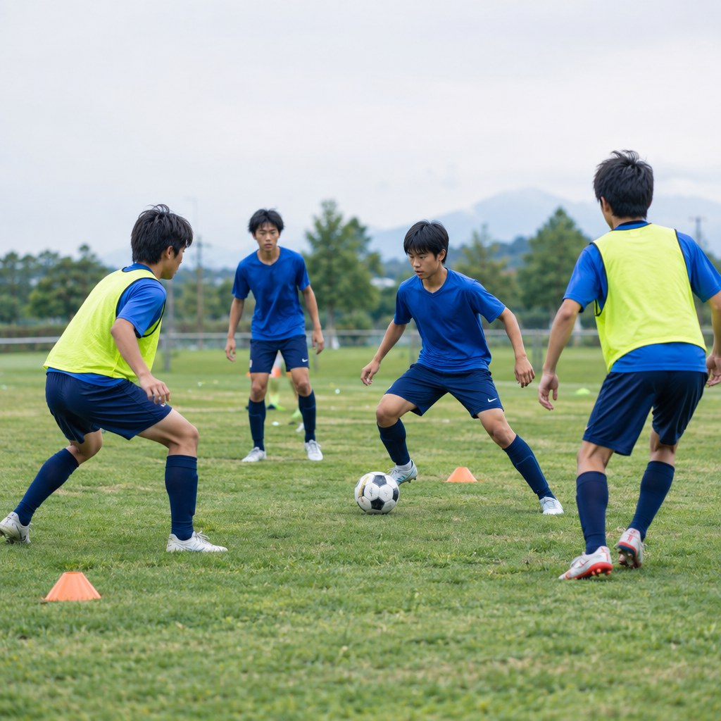 サッカーの三人目を使う連係を練習する選手