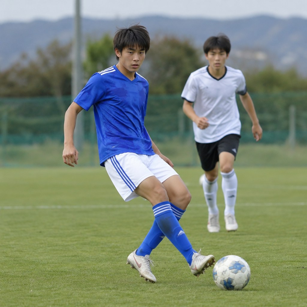 サッカーのライン間で背後の相手を意識してパスを受ける選手