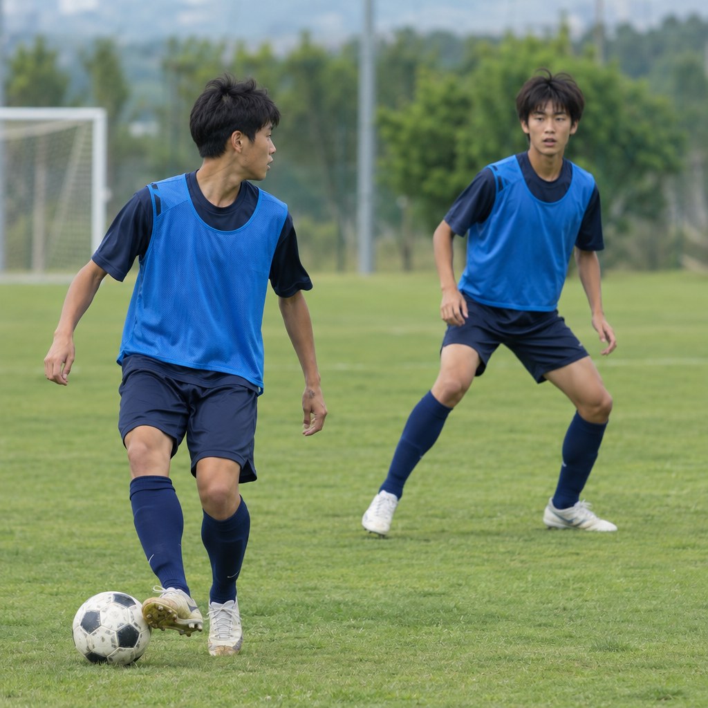 味方の斜め後ろでサッカーのサポートを行う選手