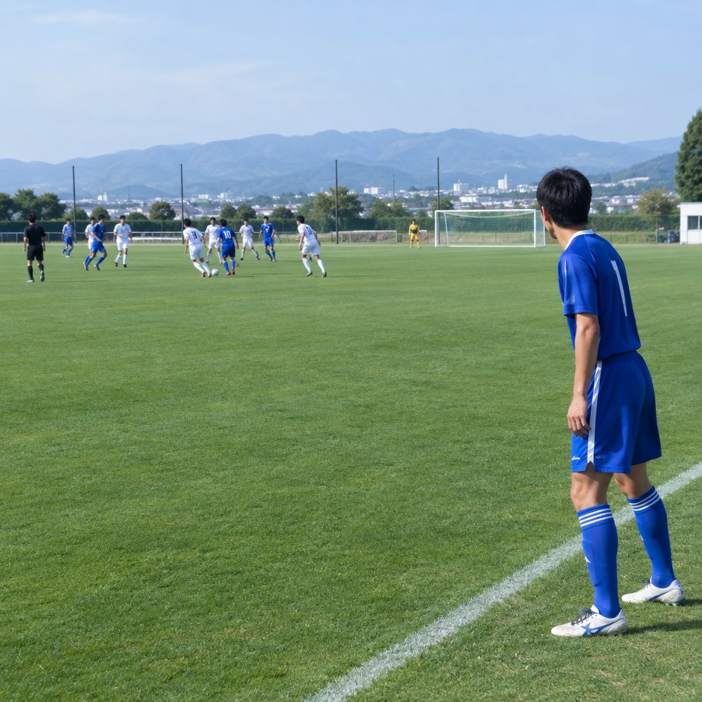 サッカーの逆サイドで展開に備えるウイング