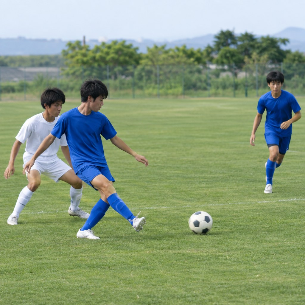 サッカーの三人目へつなぐためにボールを落とす選手