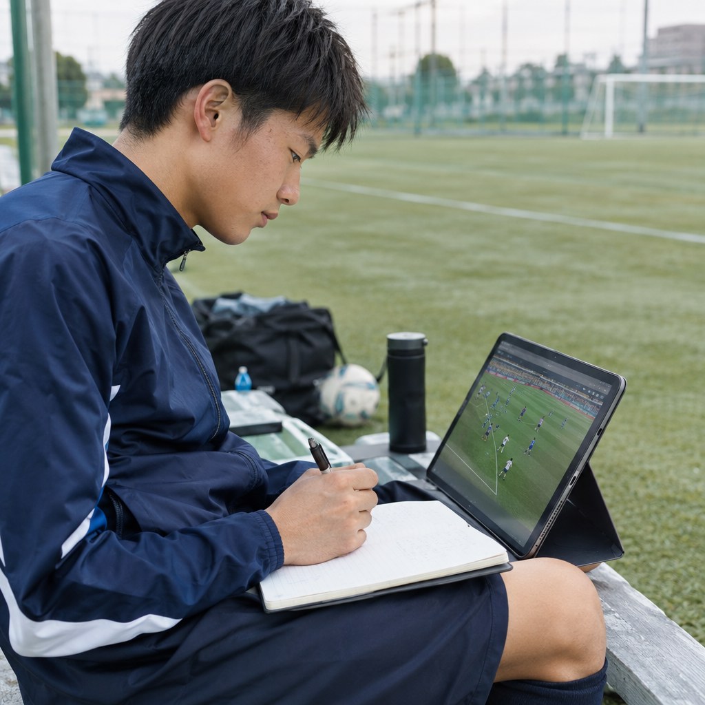 試合映像を見ながら自分のプレーを客観的に振り返るサッカー選手