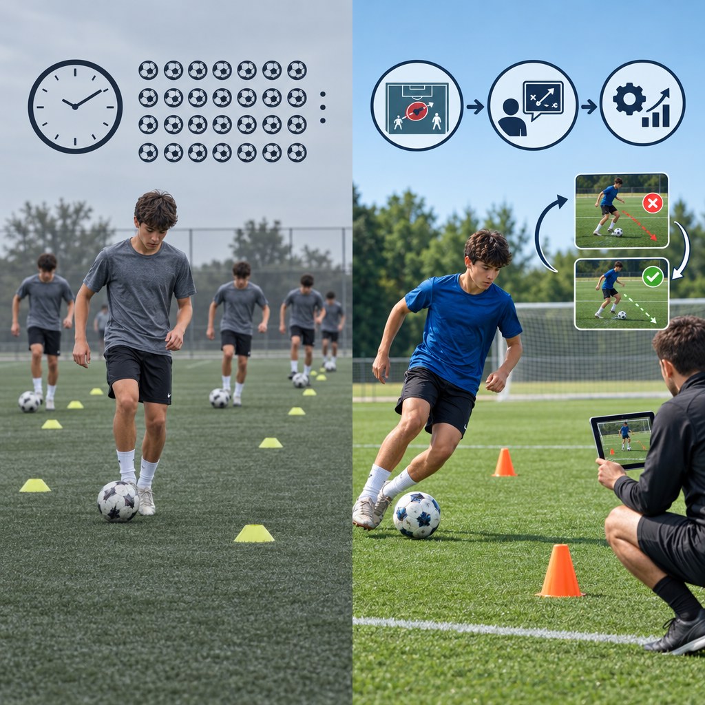 サッカーの努力量と努力の質の違いを比較した図解
