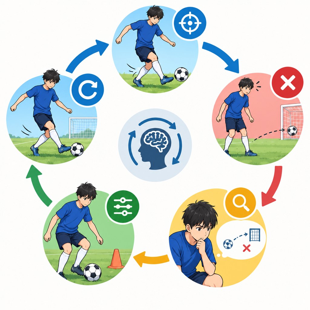 サッカーの失敗を分析して成長につなげる学習サイクルの図解