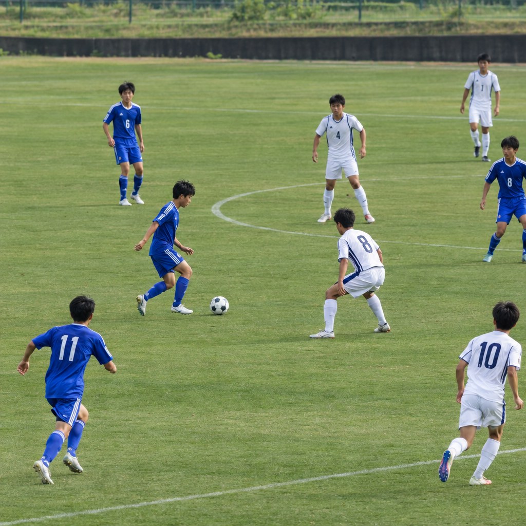 味方と相手の位置を見ながら立ち位置を調整するサッカー選手