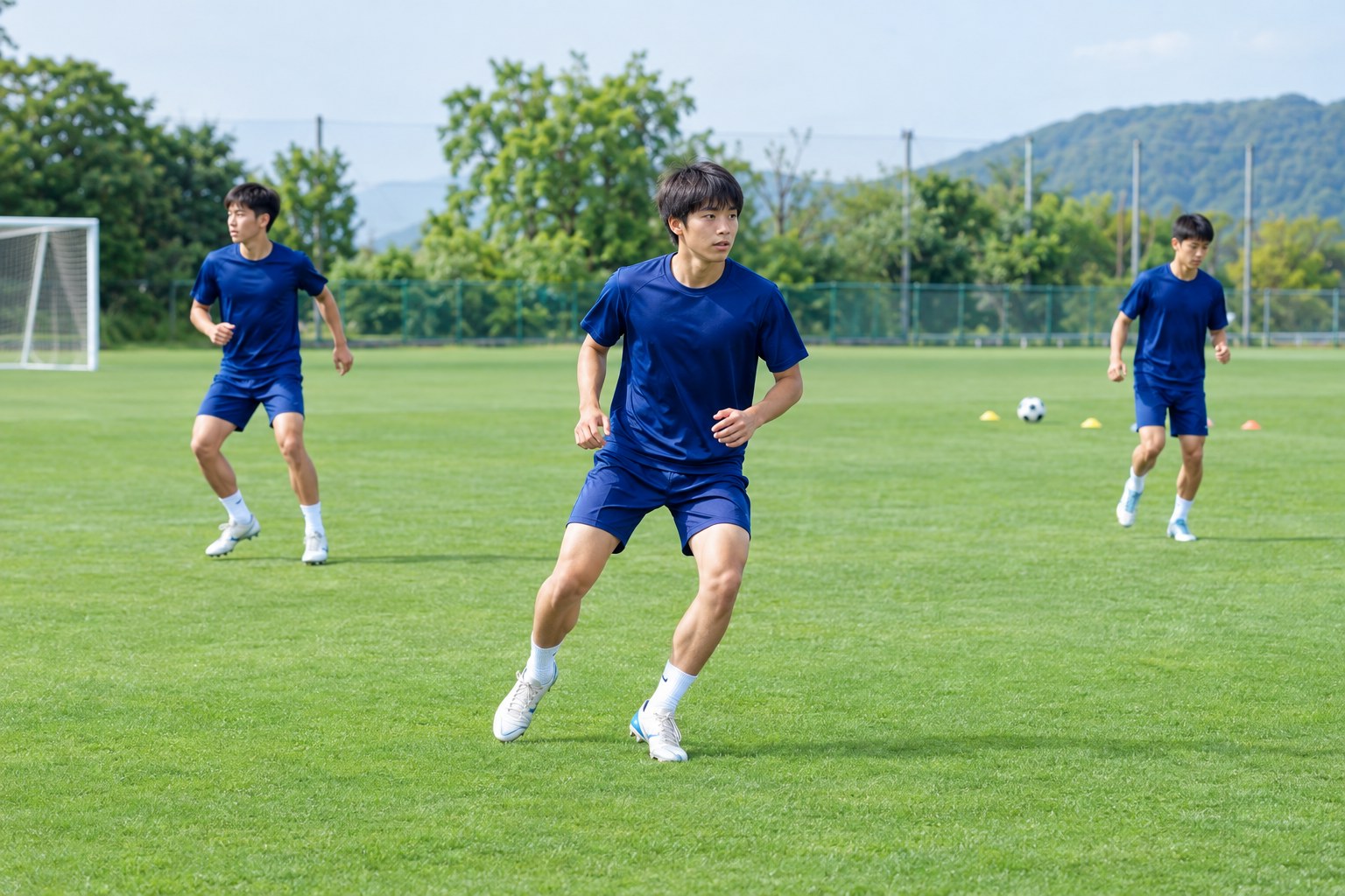 試合前のアップで動きと周囲への注意を整える高校年代のサッカー選手