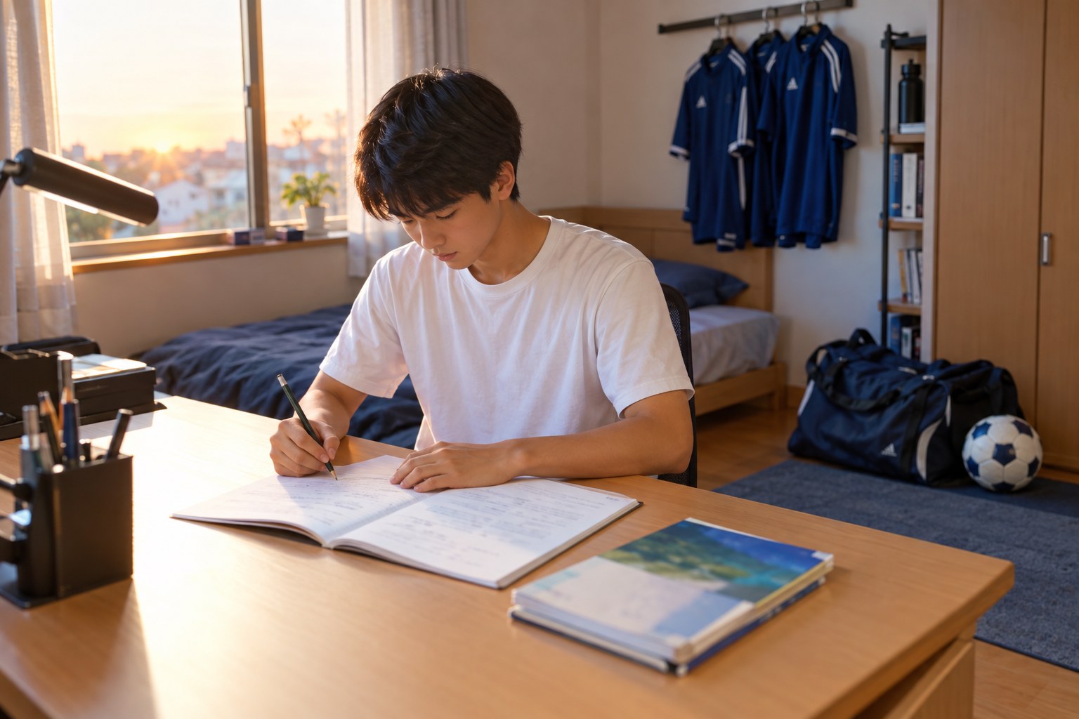 勉強とサッカーの両立に向けて自宅の机で学習する高校年代のサッカー選手