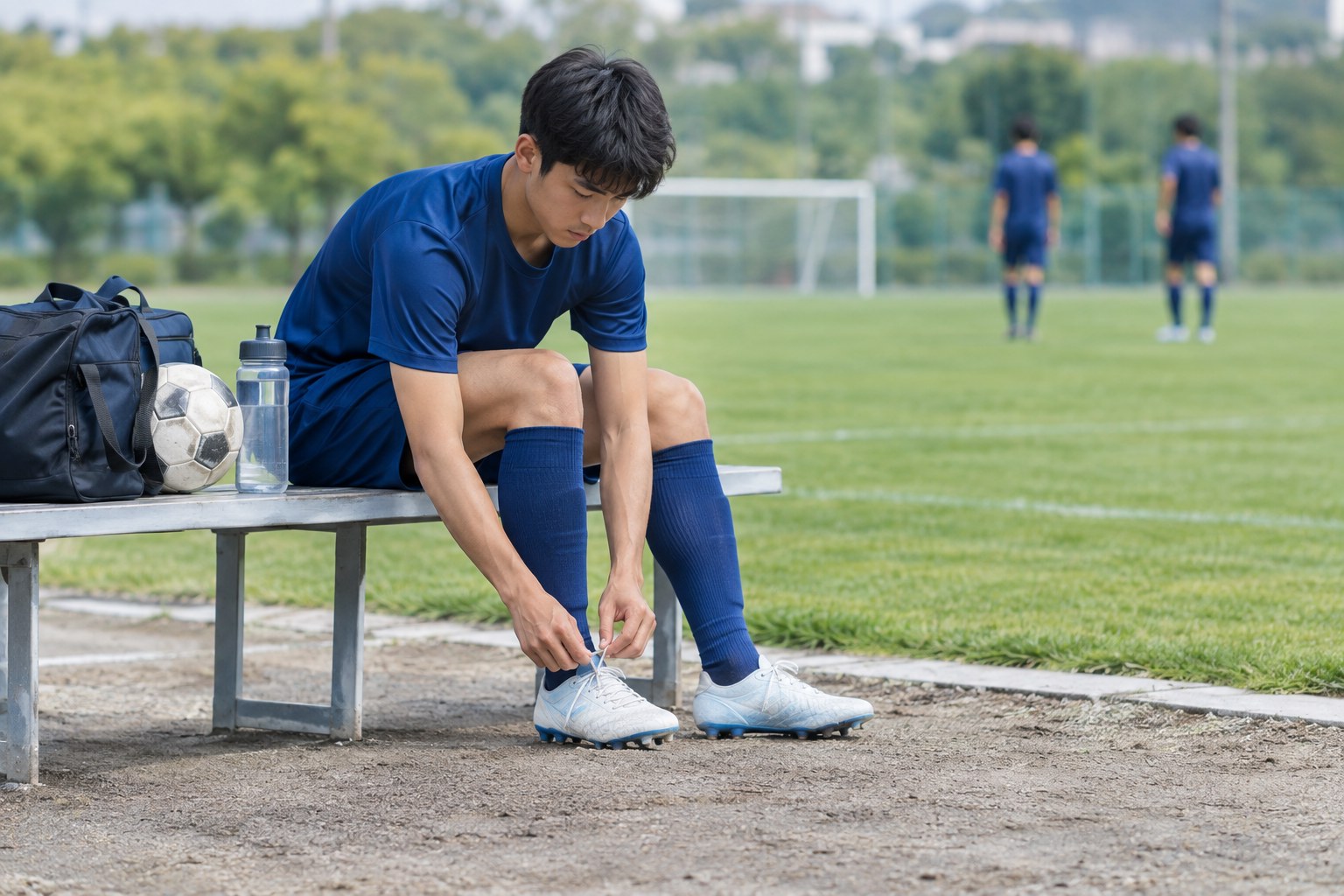 試合前のルーティンとしてベンチで道具を確認し準備する高校年代のサッカー選手