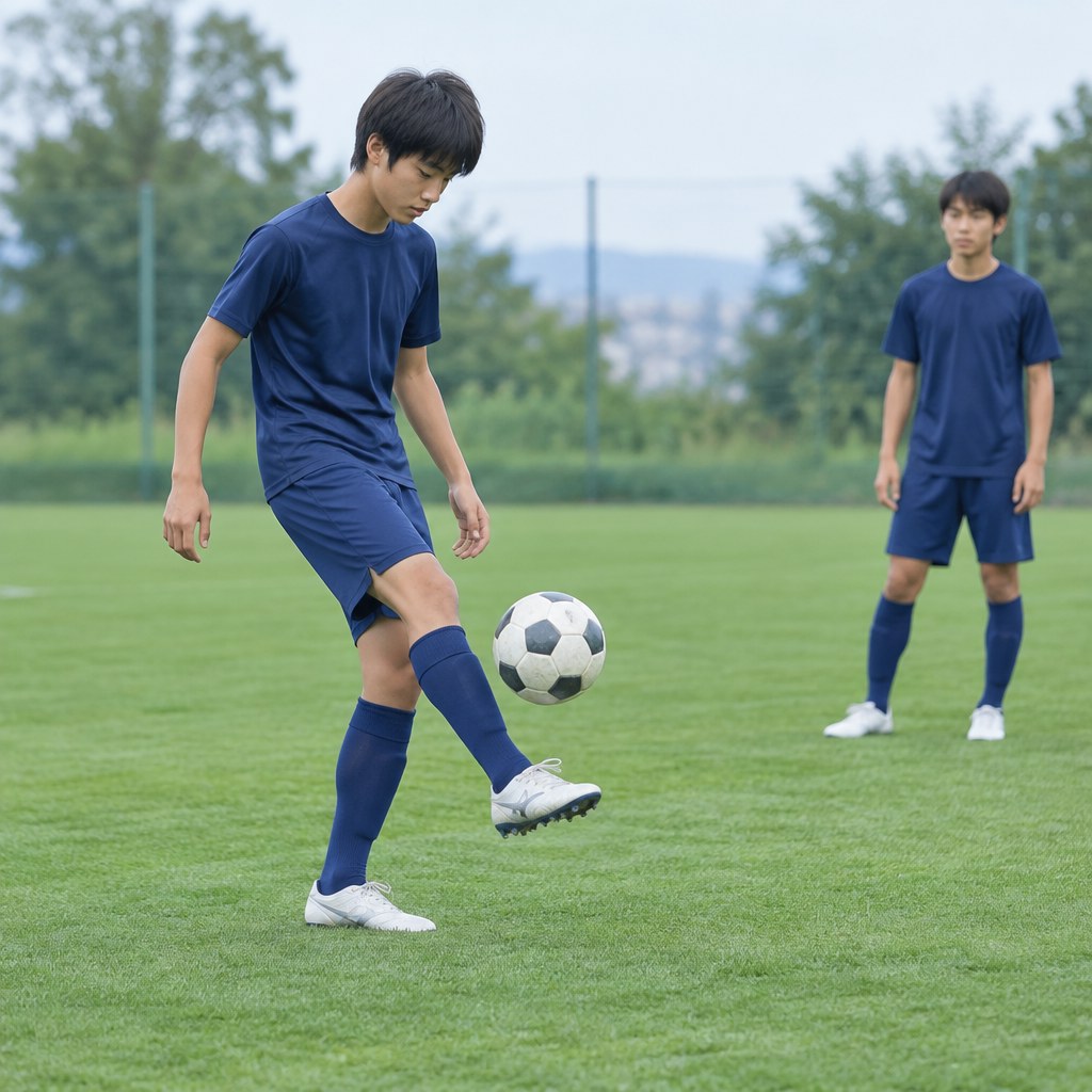 足元に近い高さでボールへの接触を確かめるリフティング