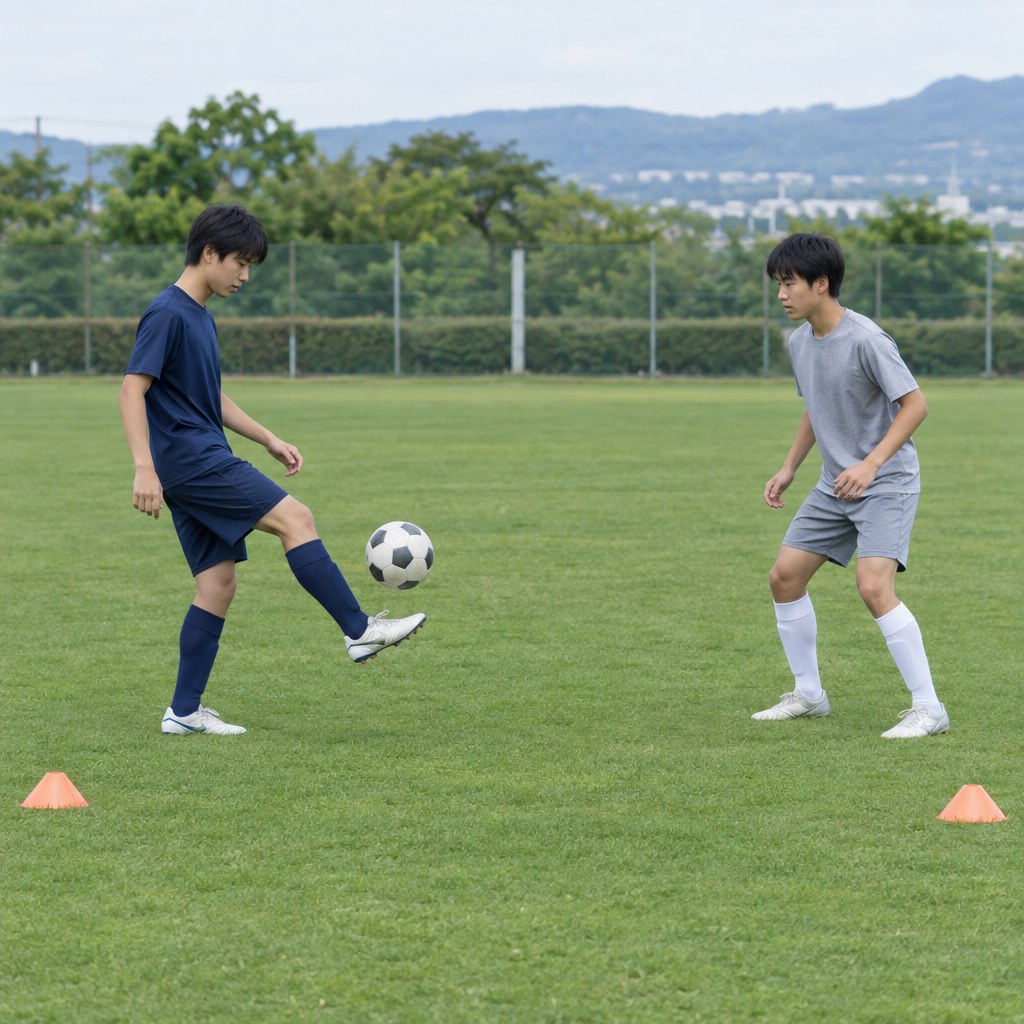 差がつくリフティングの練習法として、二人組でボールをやり取りする選手