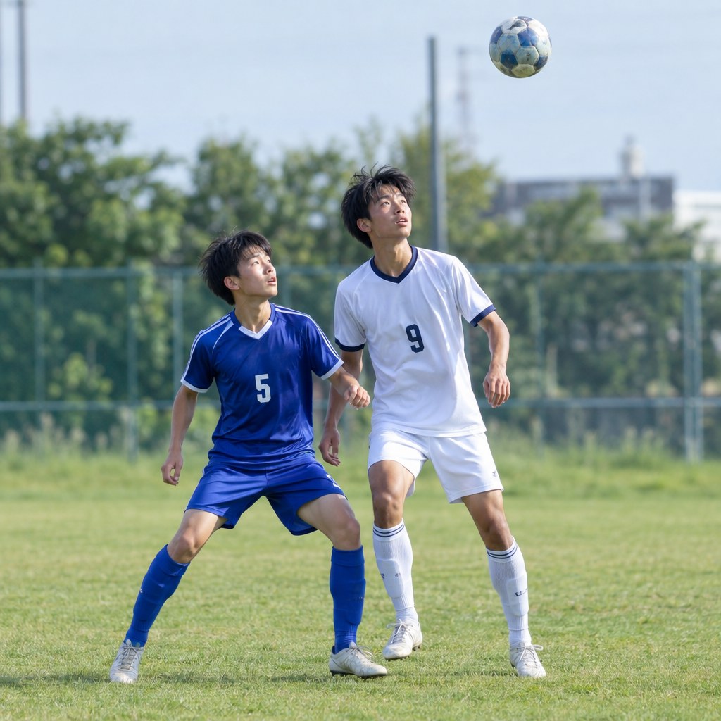 身長が高い相手に競り負けない方法を考えるサッカーの対人練習
