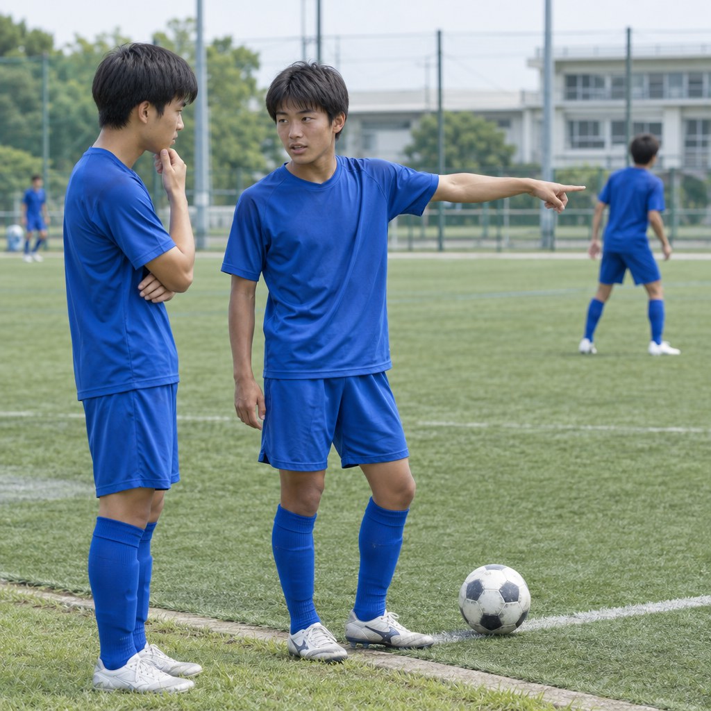 サッカーでミスを気にしすぎる選手が仲間とプレーを振り返る様子