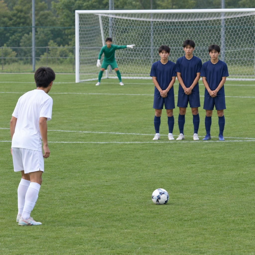 フリーキックの壁の位置をGKと確認する三人の守備選手