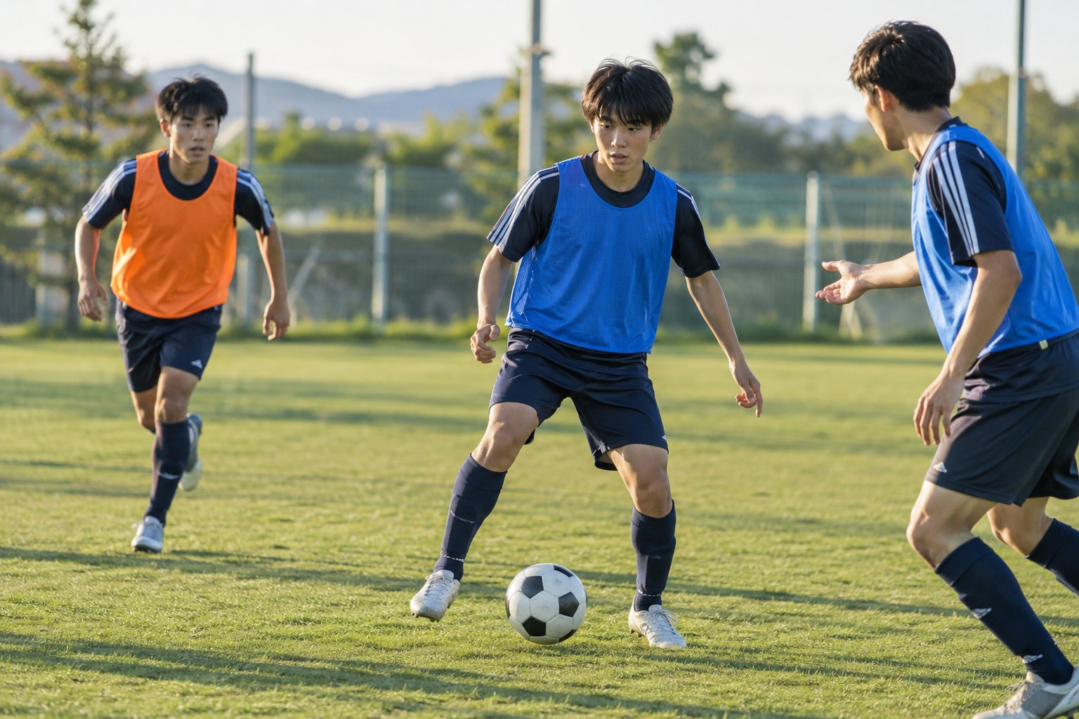 サッカーで目に頼りすぎないために周囲の声や動きを確認する選手
