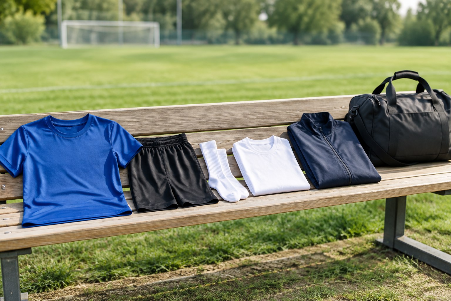 サッカーの練習着として並べたシャツ、短パン、ソックス、替えの服、上着