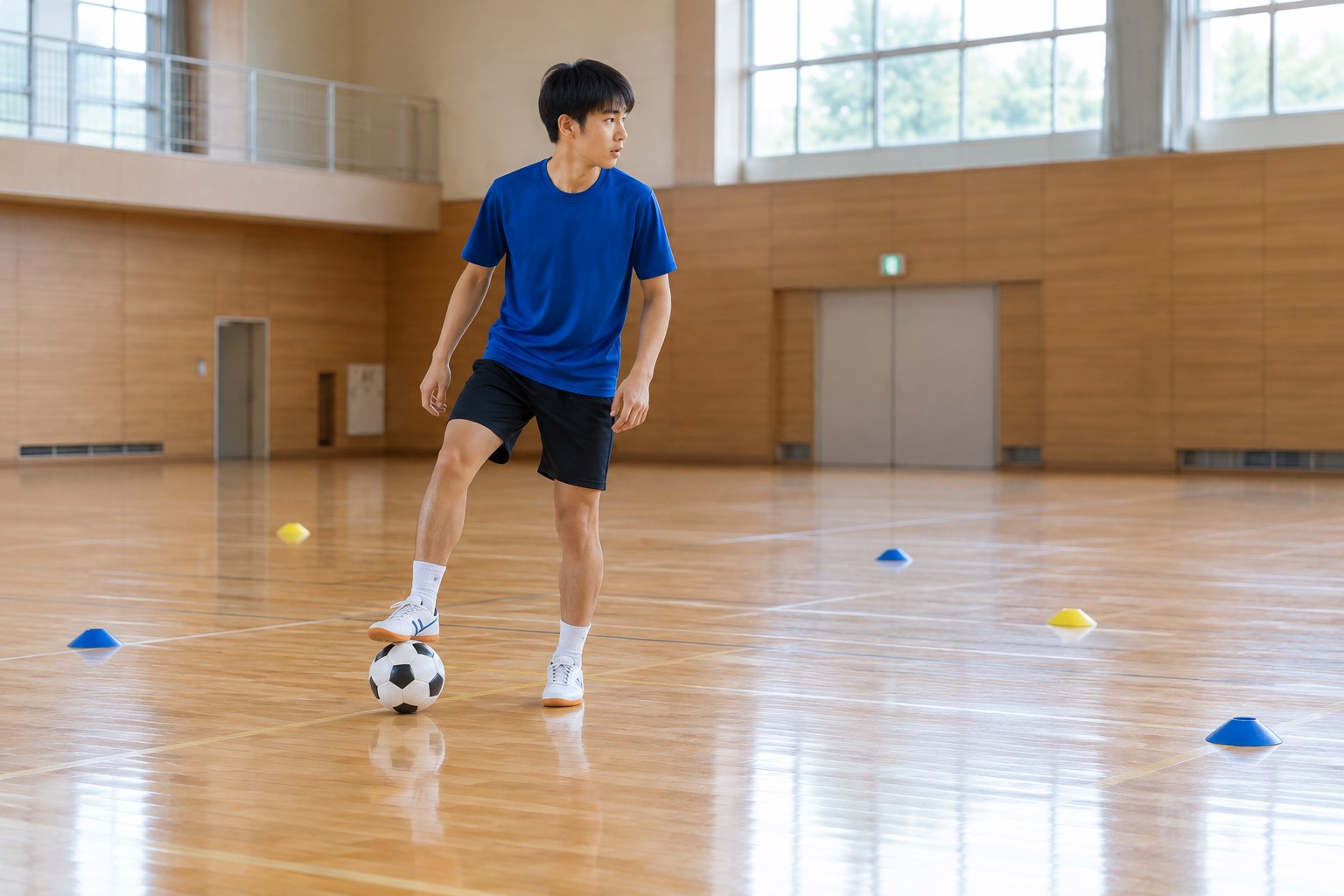 サッカーの室内練習で体育館の広さを使い、足裏でボールを止める高校年代の選手