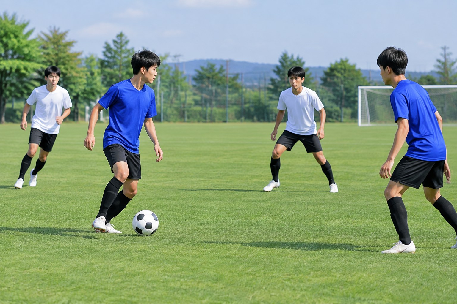 サッカーの練習試合で近い守備者と横の味方を確認する高校年代の選手