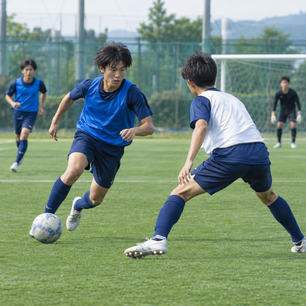 スピードタイプのドリブラーの対応法を考えるサッカーの対人練習